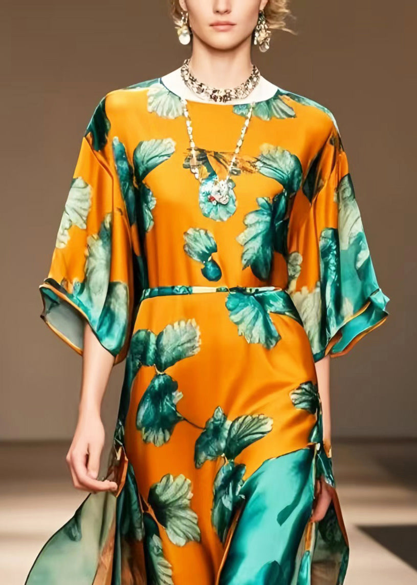 Boutique Orange Print Draping Silk Long Dress Summer