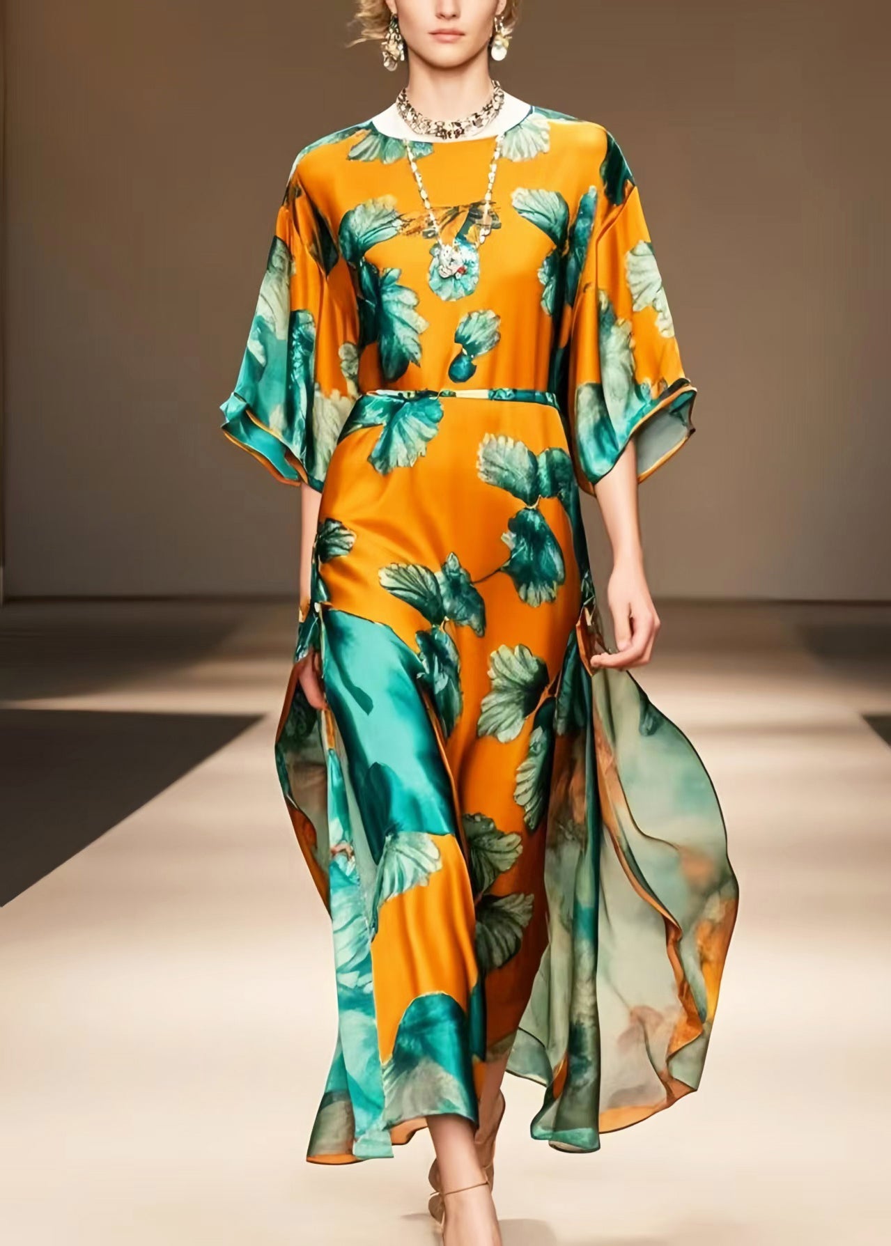 Boutique Orange Print Draping Silk Long Dress Summer