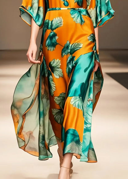 Boutique Orange Print Draping Silk Long Dress Summer
