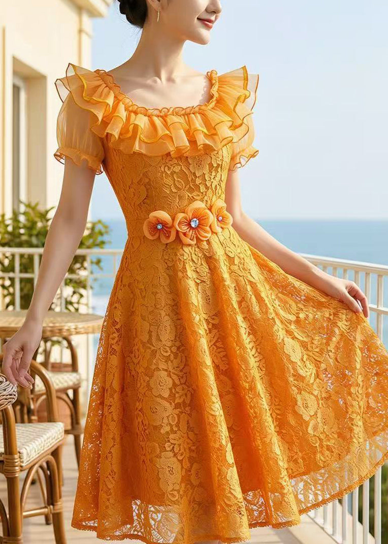 Boutique Orange Ruffled Floral Lace Maxi Dresses Summer