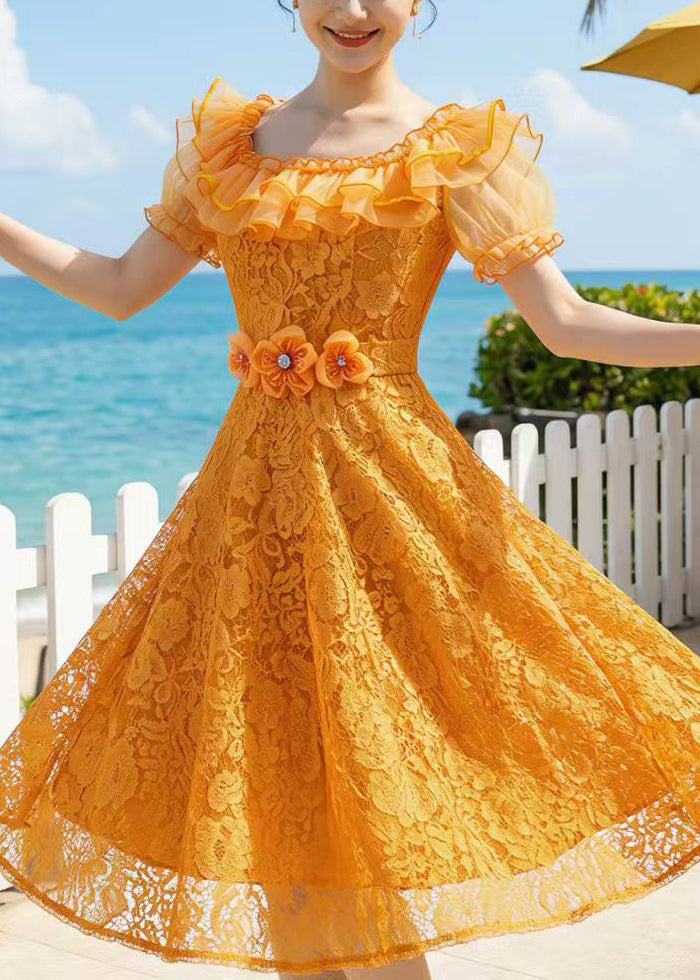 Boutique Orange Ruffled Floral Lace Maxi Dresses Summer