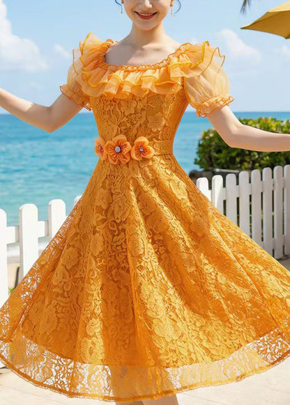 Boutique Orange Ruffled Floral Lace Maxi Dresses Summer