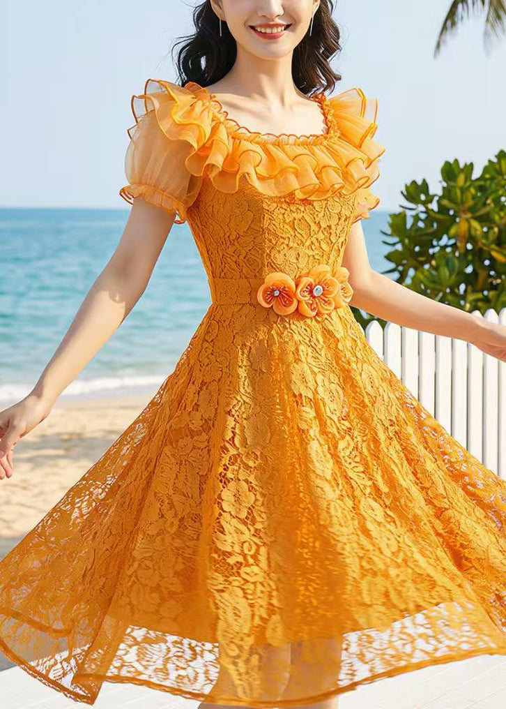Boutique Orange Ruffled Floral Lace Maxi Dresses Summer