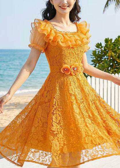 Boutique Orange Ruffled Floral Lace Maxi Dresses Summer