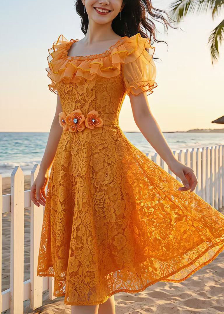 Boutique Orange Ruffled Floral Lace Maxi Dresses Summer