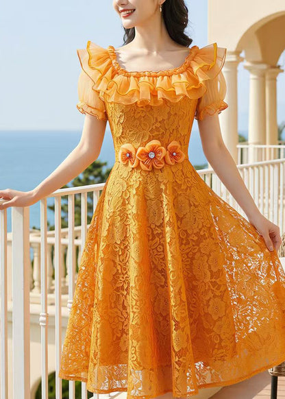 Boutique Orange Ruffled Floral Lace Maxi Dresses Summer