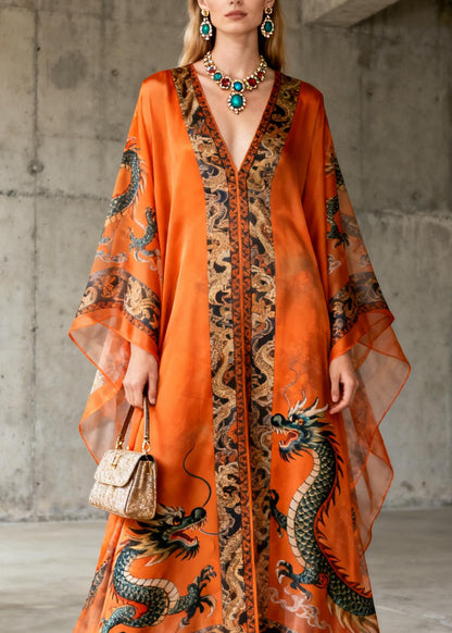 Boutique Orange V Neck Oriental Print Chiffon Dress Summer