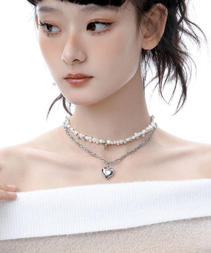 Boutique Pearl Love Heart Pendant Two Piece Set Alloy Necklace