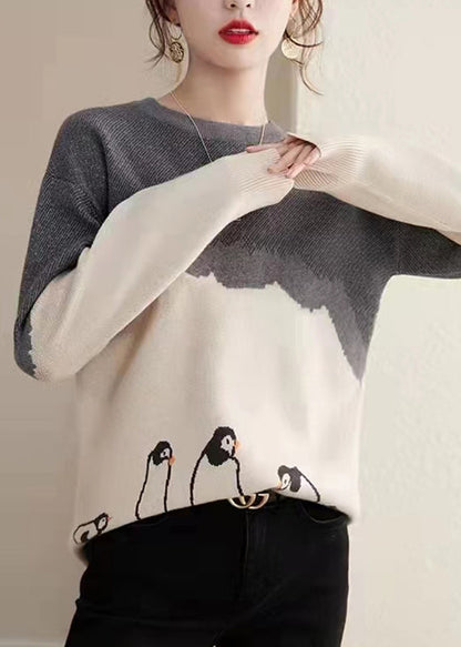 Boutique Photo Color O-Neck Print Cotton Knit Sweaters Fall