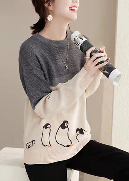 Boutique Photo Color O-Neck Print Cotton Knit Sweaters Fall