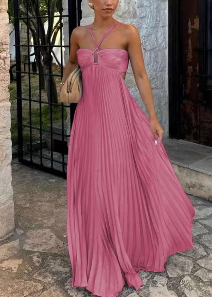 Boutique Pink Backless Exra Large Hem Cotton Pleated Vestidos Dress Summer