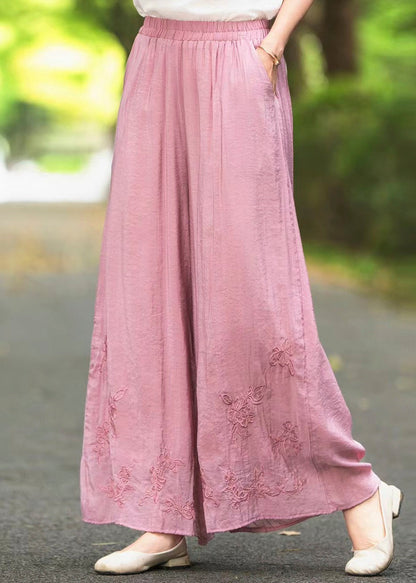 Boutique Pink Embroidered Pockets Elastic Waist Silk Pants Fall