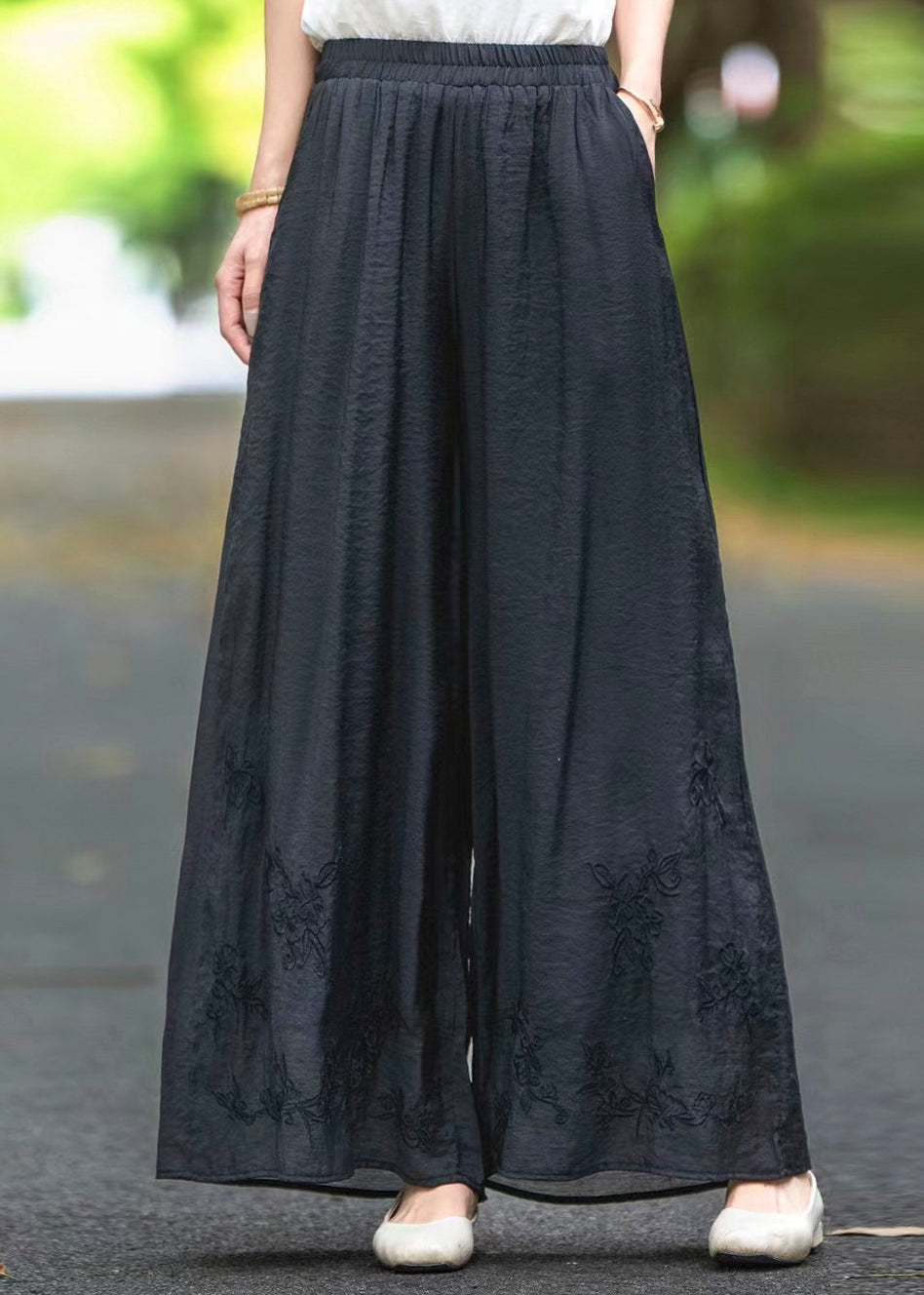 Boutique Pink Embroidered Pockets Elastic Waist Silk Pants Fall