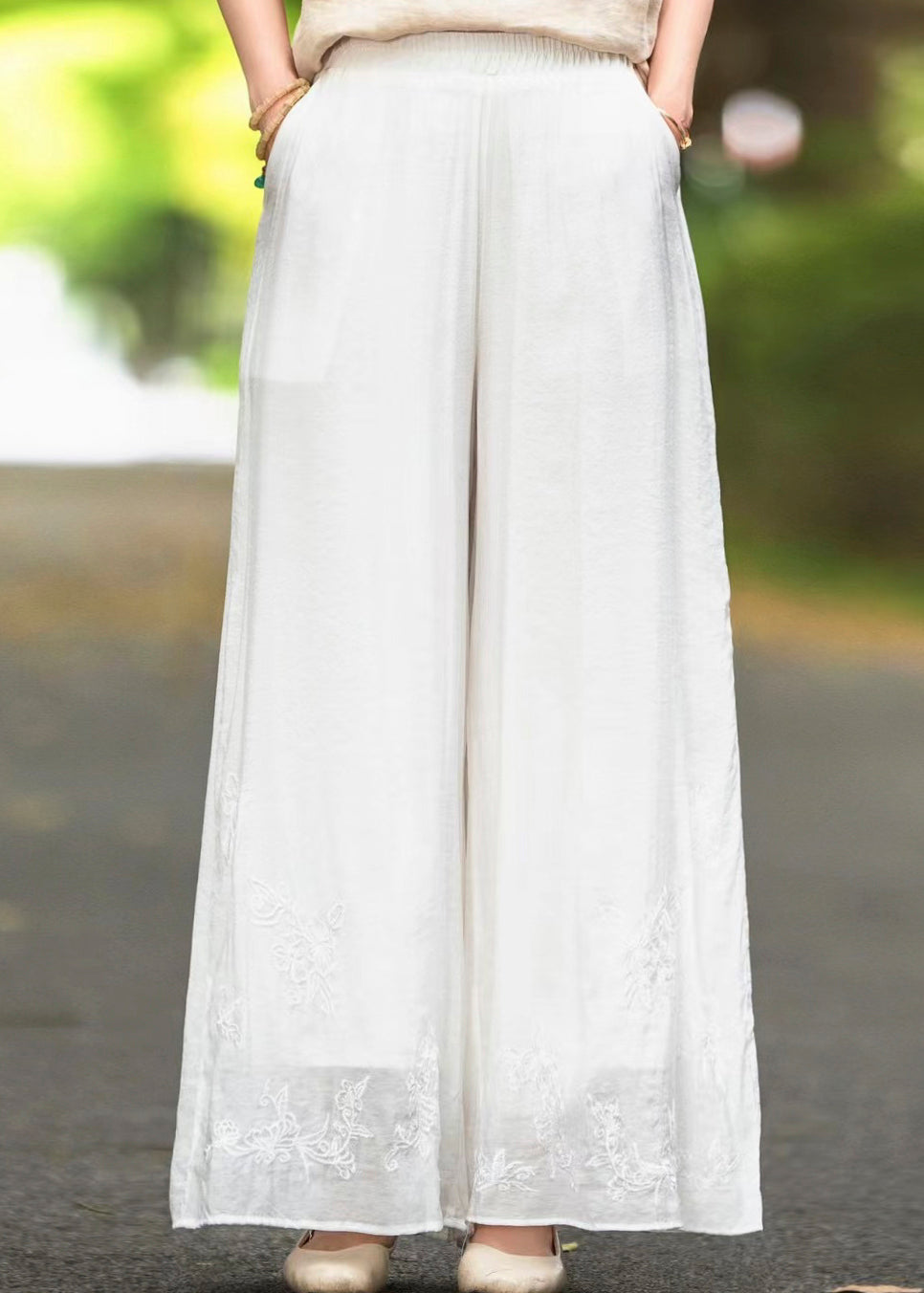 Boutique Pink Embroidered Pockets Elastic Waist Silk Pants Fall