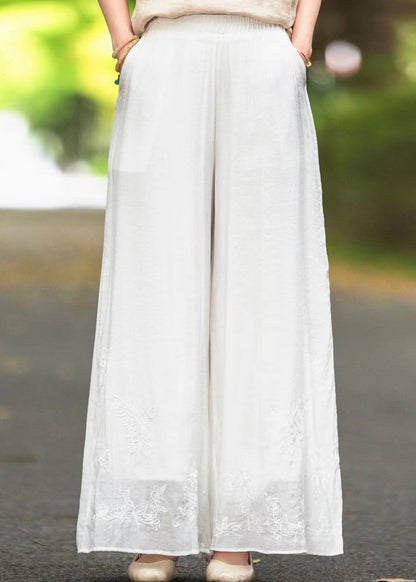 Boutique Pink Embroidered Pockets Elastic Waist Silk Pants Fall