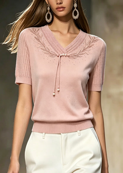 Boutique Pink Embroidered Zircon Thin Knit T Shirt Top Summer
