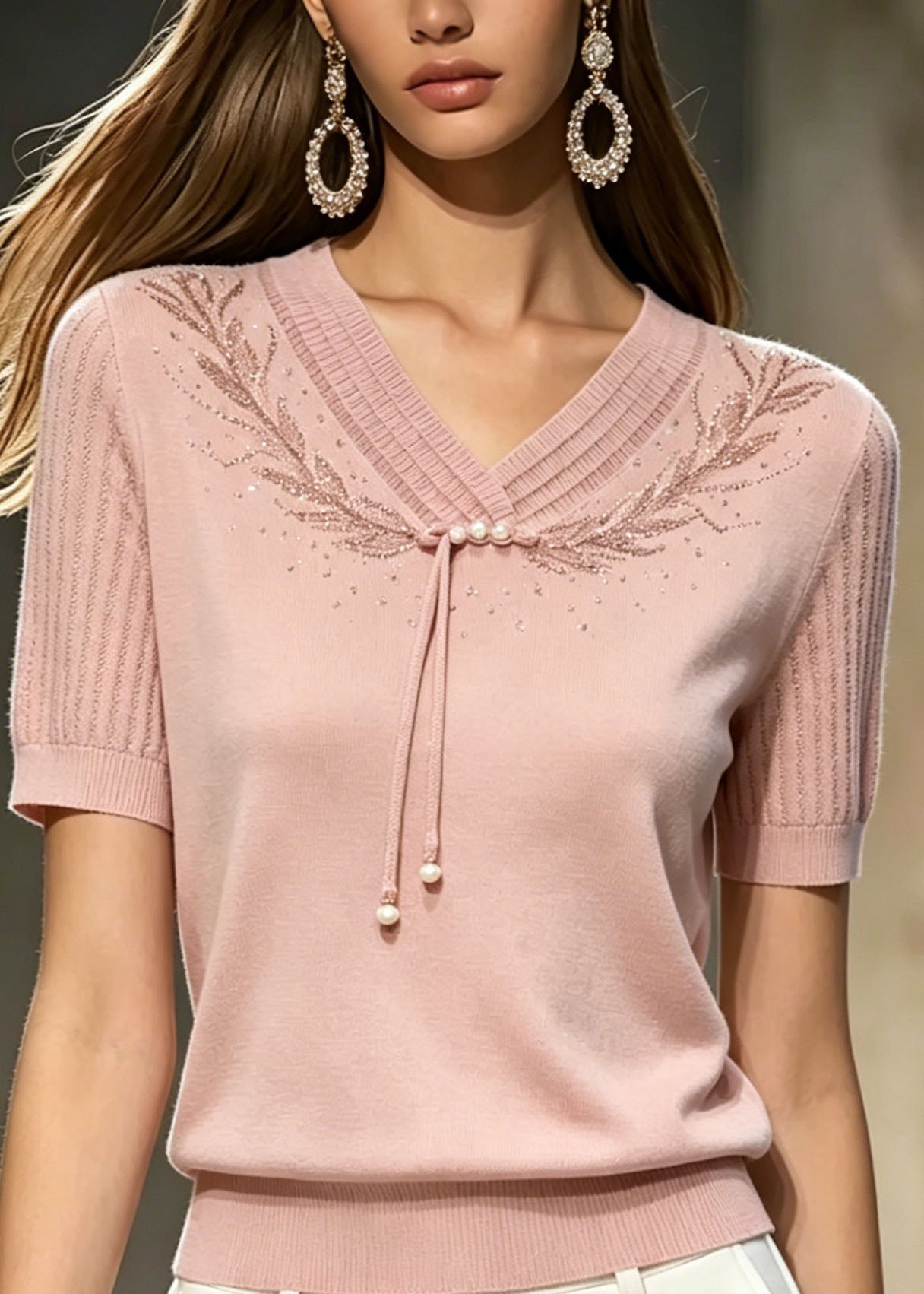 Boutique Pink Embroidered Zircon Thin Knit T Shirt Top Summer