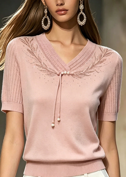 Boutique Pink Embroidered Zircon Thin Knit T Shirt Top Summer