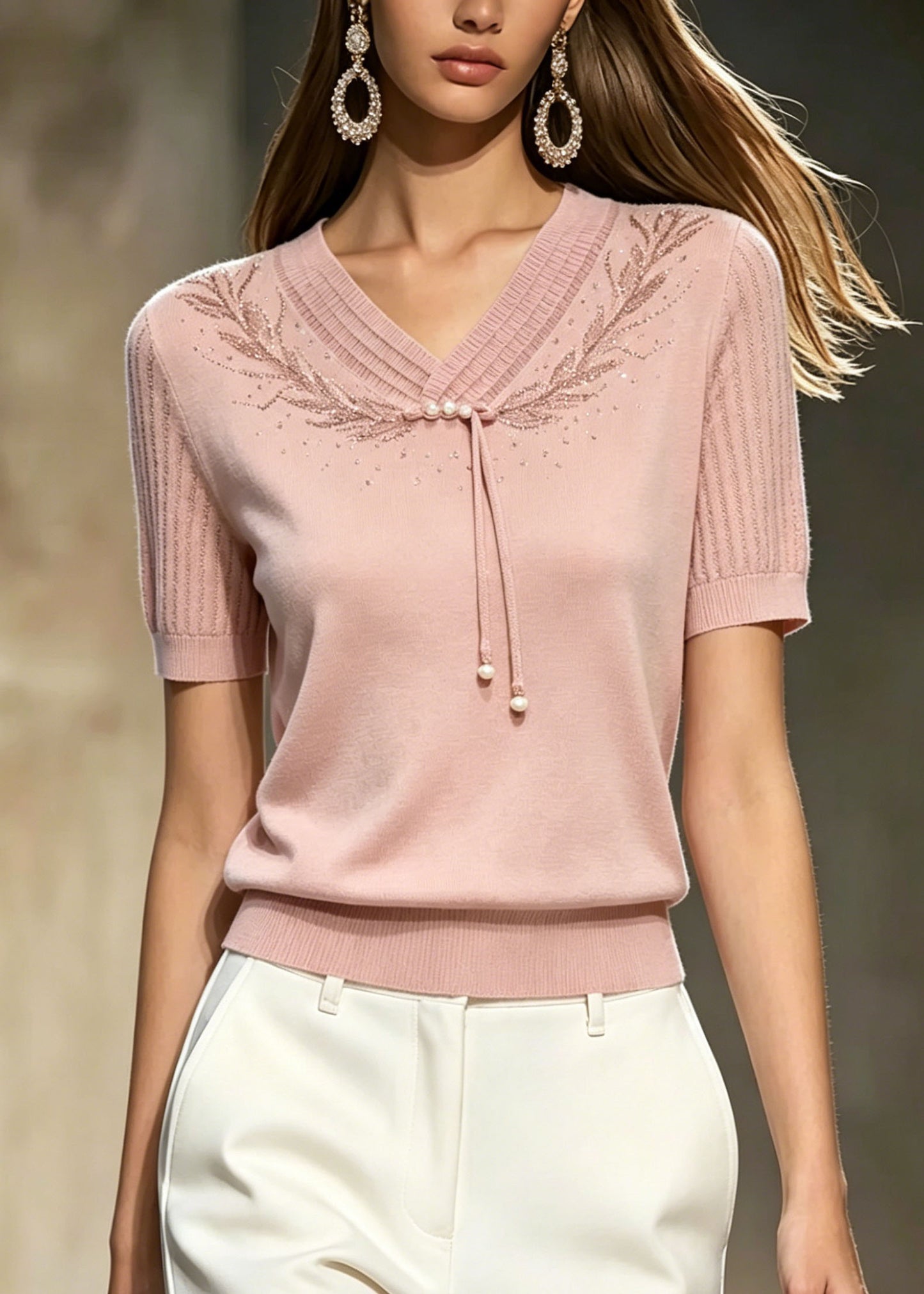 Boutique Pink Embroidered Zircon Thin Knit T Shirt Top Summer