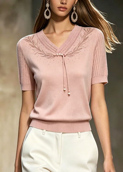 Boutique Pink Embroidered Zircon Thin Knit T Shirt Top Summer