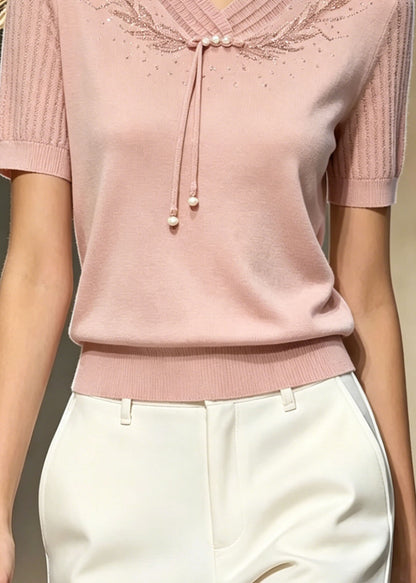 Boutique Pink Embroidered Zircon Thin Knit T Shirt Top Summer