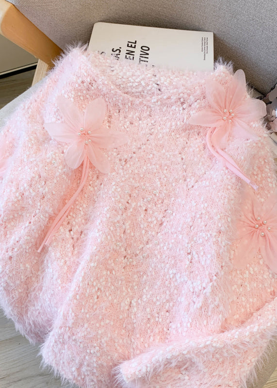 Boutique Pink Floral Faux Mink Hair Knitted Cozy Sweater Winter