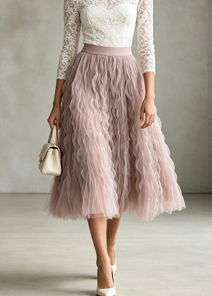 Boutique Pink High Waist Wrinkled Tulle Skirts Fall