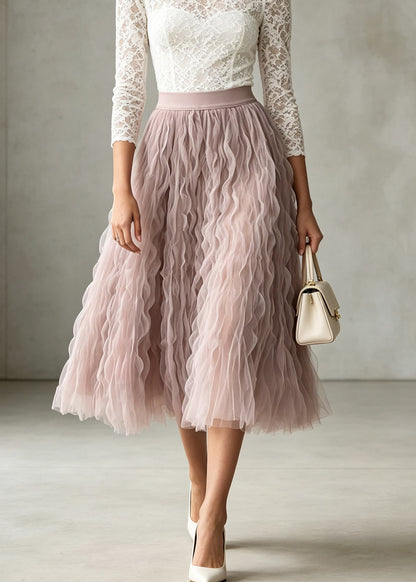 Boutique Pink High Waist Wrinkled Tulle Skirts Fall