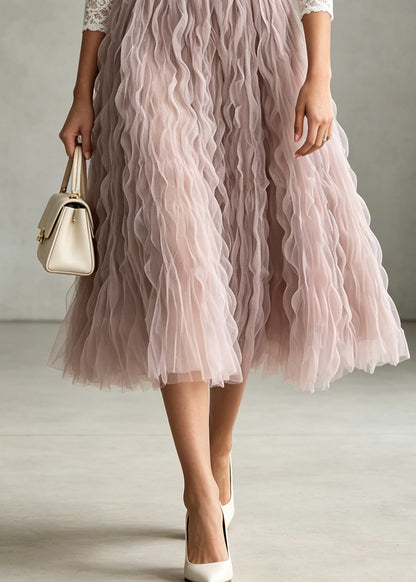 Boutique Pink High Waist Wrinkled Tulle Skirts Fall