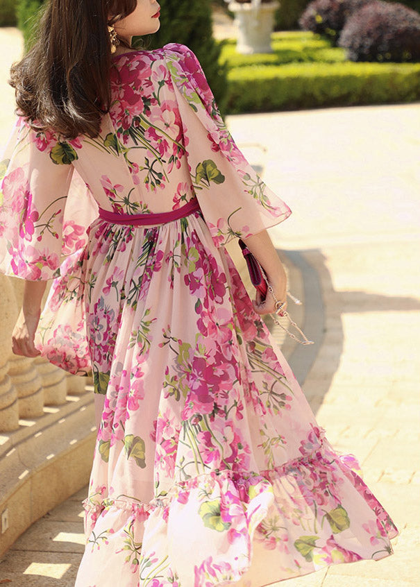 Boutique Pink O-Neck Print Tie Waist Silk Long Dress Half Sleeve