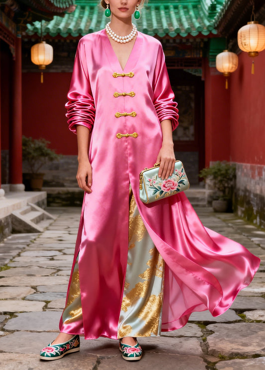 Boutique Pink Oversized Chinese Button Silk Fake Two Piece Dress