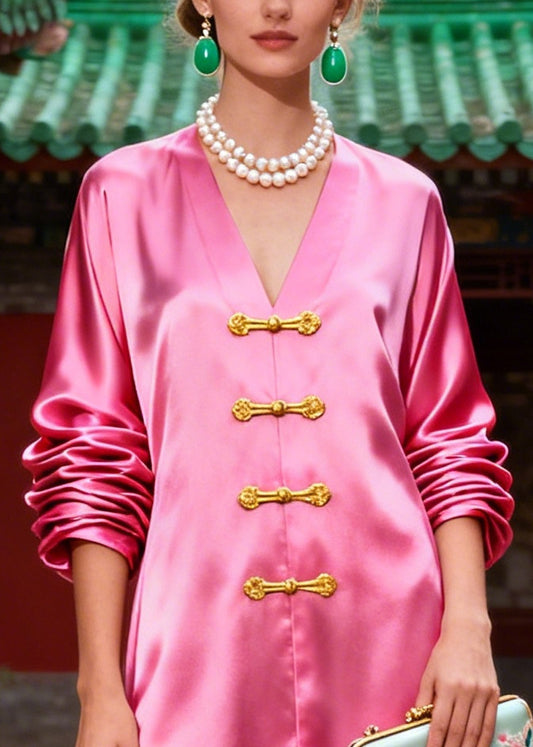 Boutique Pink Oversized Chinese Button Silk Fake Two Piece Dress