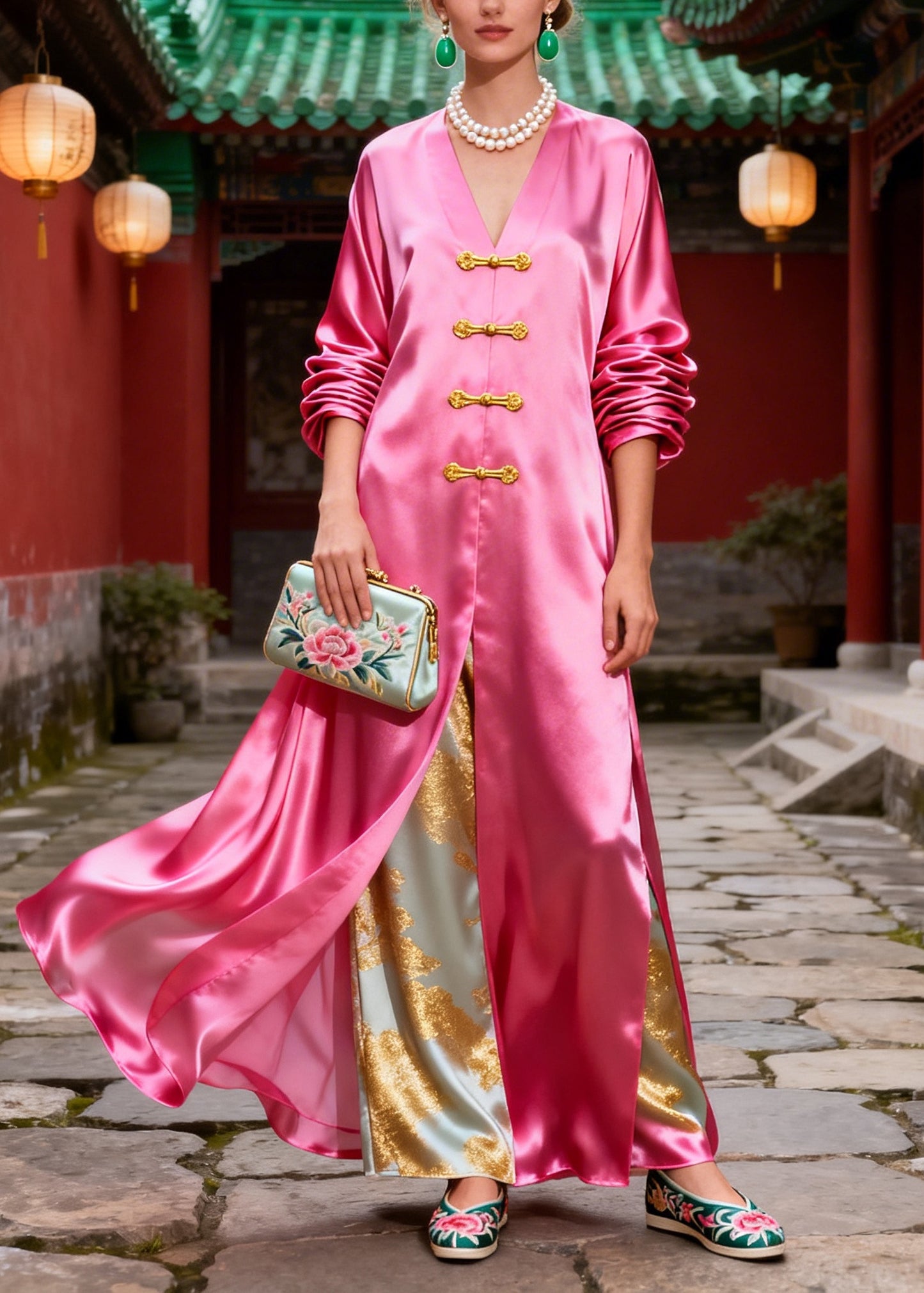 Boutique Pink Oversized Chinese Button Silk Fake Two Piece Dress