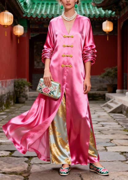 Boutique Pink Oversized Chinese Button Silk Fake Two Piece Dress