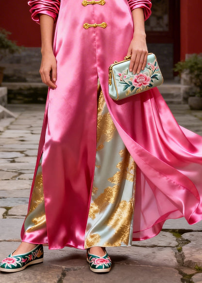 Boutique Pink Oversized Chinese Button Silk Fake Two Piece Dress
