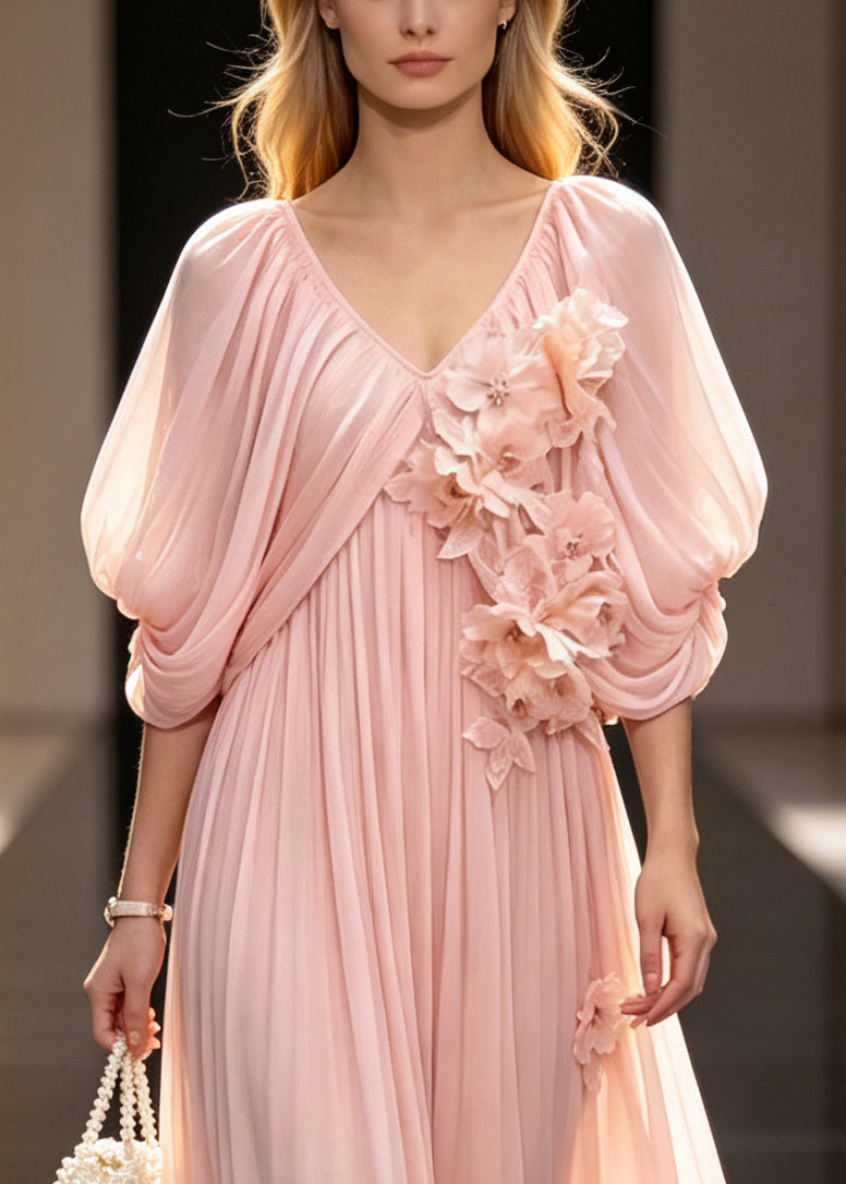 Boutique Pink Oversized Floral Chiffon Vacation Dresses Cloak Sleeves