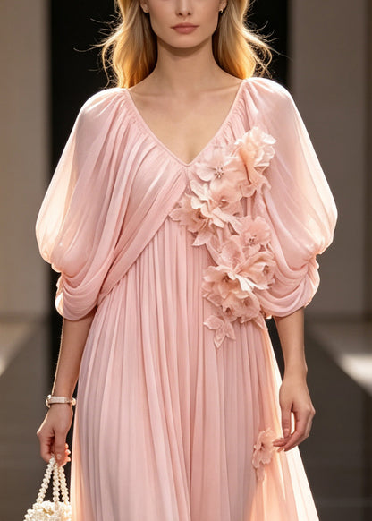 Boutique Pink Oversized Floral Chiffon Vacation Dresses Cloak Sleeves