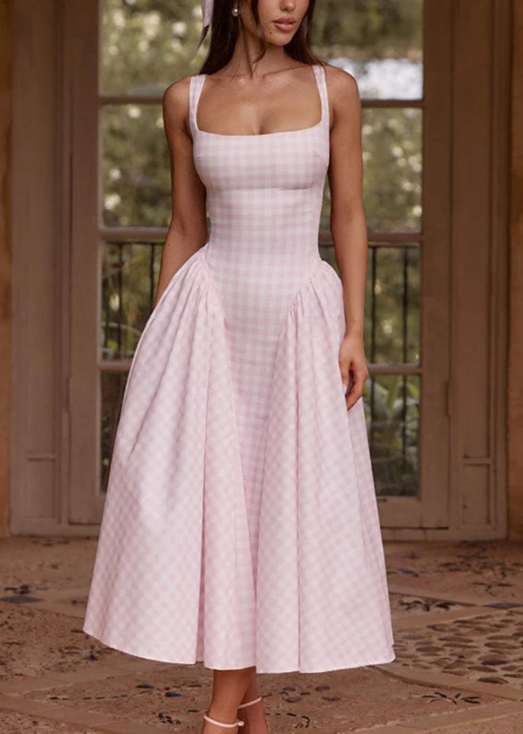 Boutique Pink Plaid Patchwork Tie Waist Long Spaghetti Strapr Dress Summer