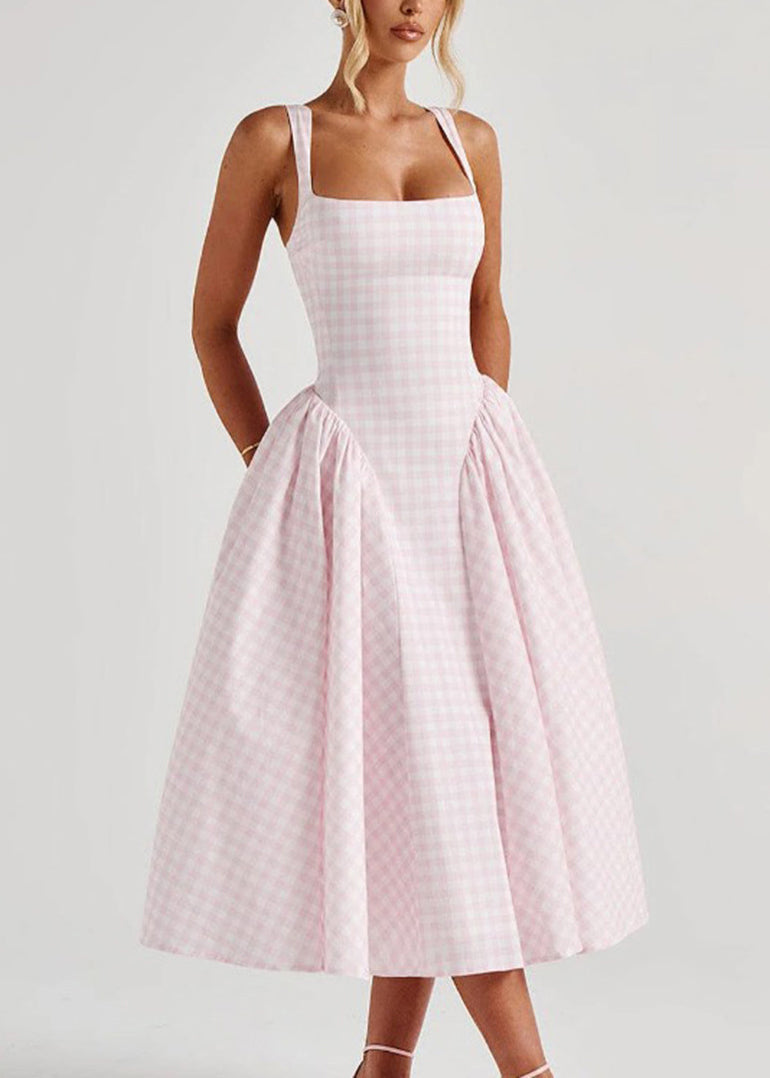 Boutique Pink Plaid Patchwork Tie Waist Long Spaghetti Strapr Dress Summer