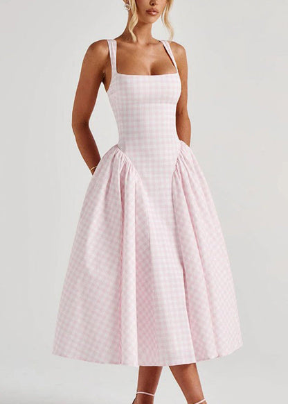 Boutique Pink Plaid Patchwork Tie Waist Long Spaghetti Strapr Dress Summer