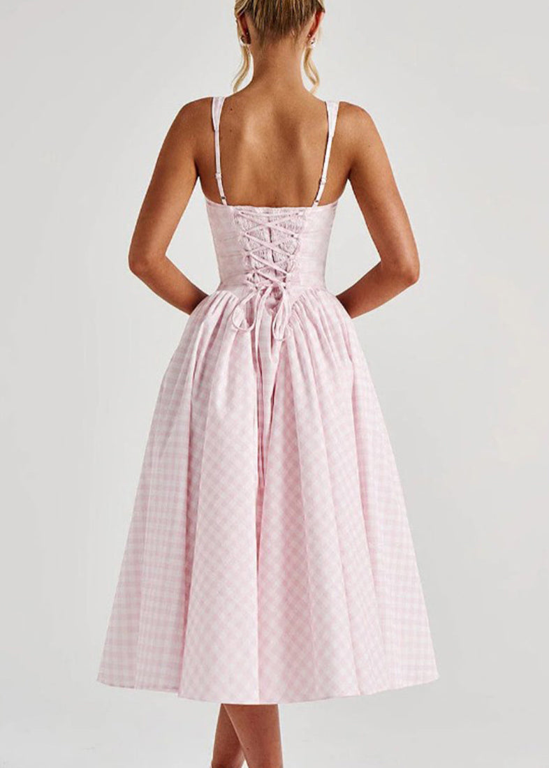 Boutique Pink Plaid Patchwork Tie Waist Long Spaghetti Strapr Dress Summer