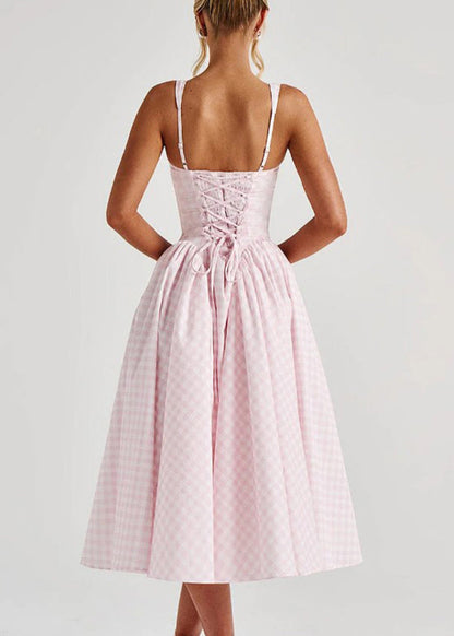 Boutique Pink Plaid Patchwork Tie Waist Long Spaghetti Strapr Dress Summer