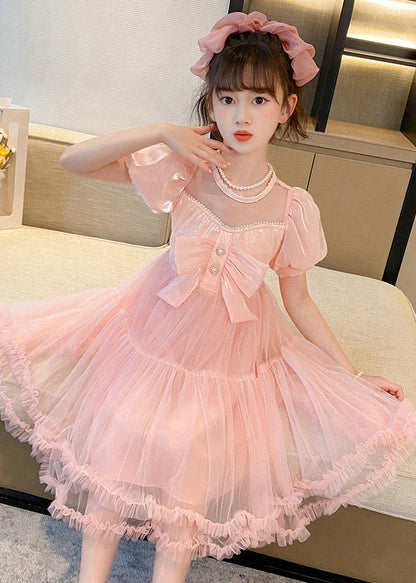 Boutique Pink Puff Sleeve Patchwork Tulle Baby Girls Maxi Dress Summer