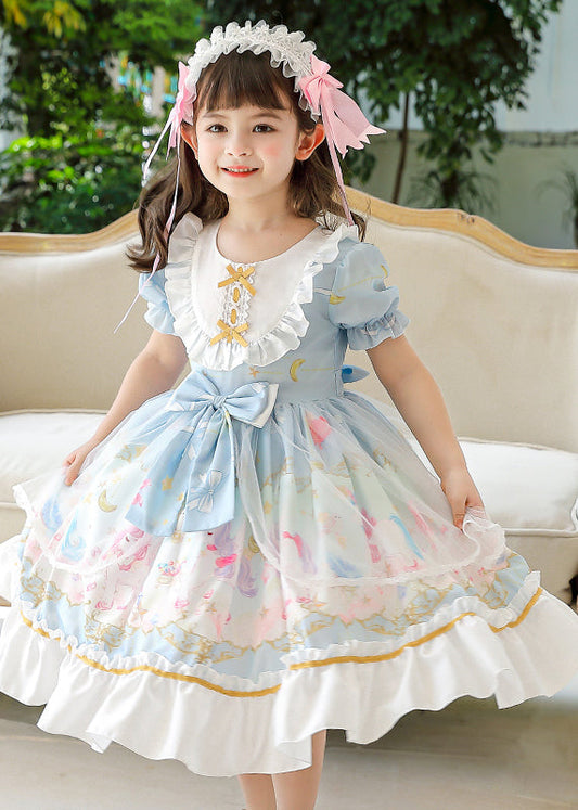 Boutique Pink Puff Sleeve Print Bow Chiffon Kids Girls Maxi Dresses Summer