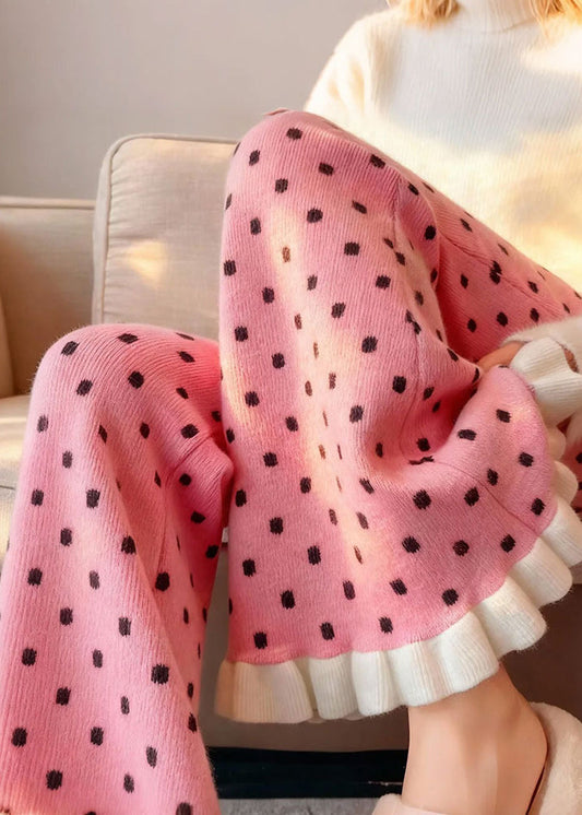 Boutique Pink Ruffled Dots Knit Bell-bottom Trousers Winter