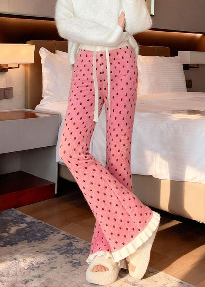 Boutique Pink Ruffled Dots Knit Bell-bottom Trousers Winter