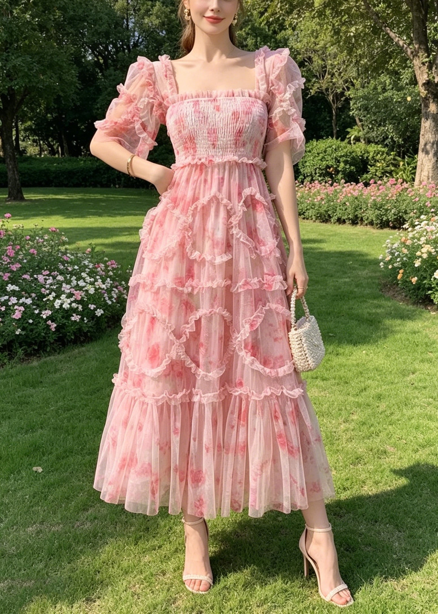 Boutique Pink Ruffled Print Chiffon Vacation Dresses Summer