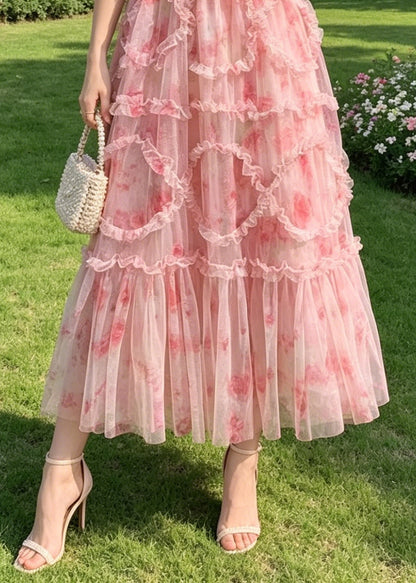 Boutique Pink Ruffled Print Chiffon Vacation Dresses Summer