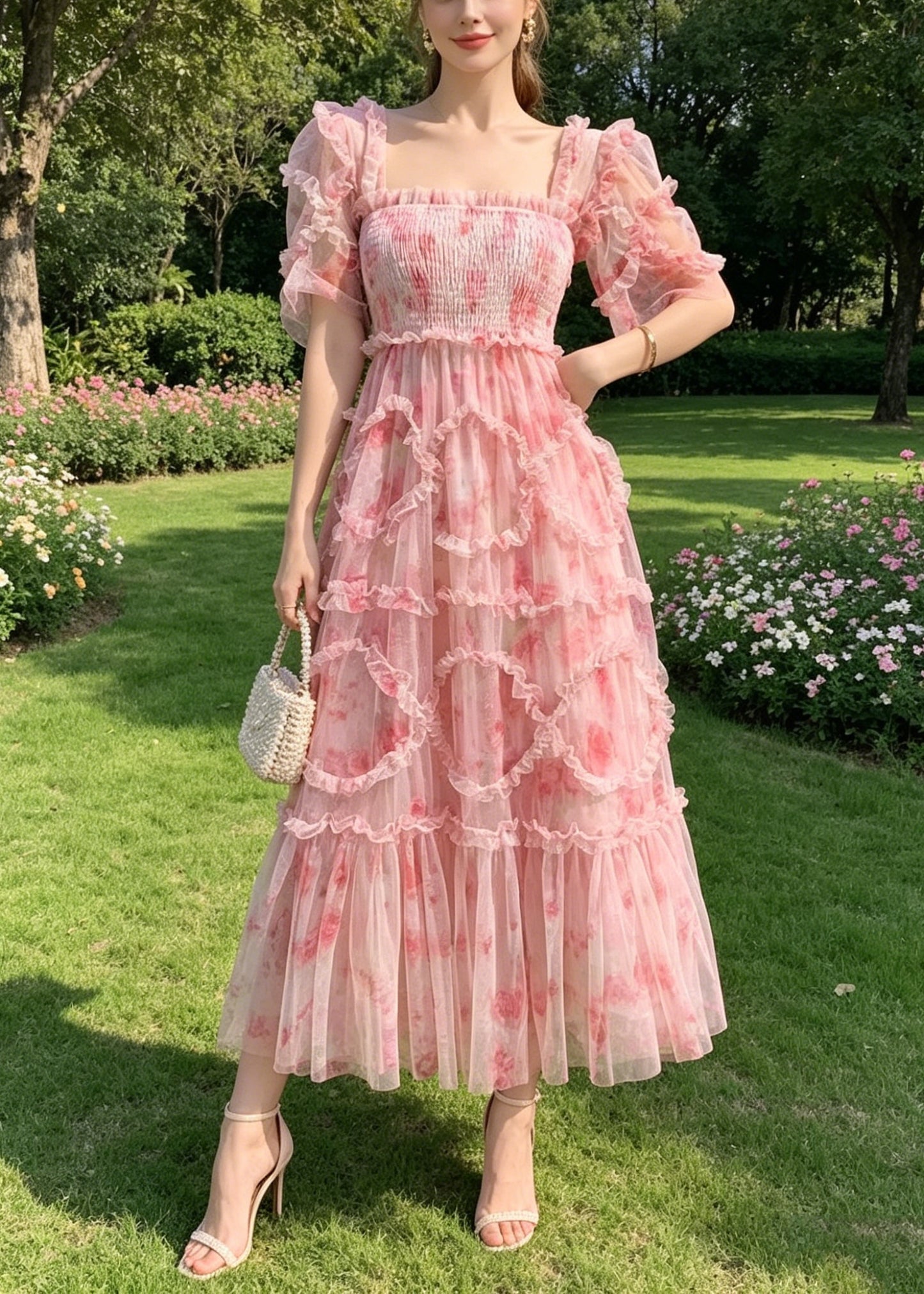 Boutique Pink Ruffled Print Chiffon Vacation Dresses Summer