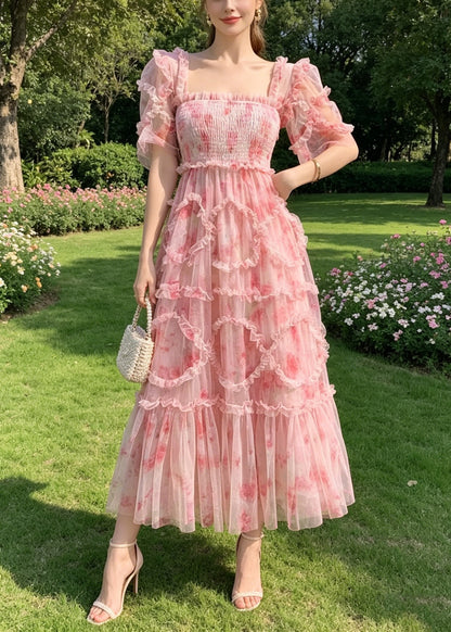 Boutique Pink Ruffled Print Chiffon Vacation Dresses Summer